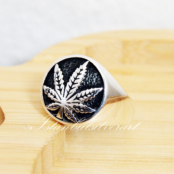 High Polish 925 Sterling Silver Marijuana Leaf Ring - Filigree Rope Band Design - View #2