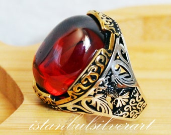 Turkish Handmade 925 Sterling Silver red ruby stone Mens ring ALL SİZE us 368
