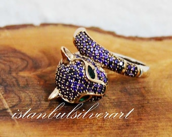 Handmade Sterling Silver Cat Ring: Turkish Zircon Ladies Ring