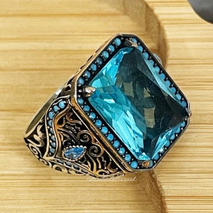 Mens Handmade Ring, Turkish Handmade Silver, Vintage Men Ring, Ottoman Men Ring, Aquamarine Ring, Gift for Him, 925k Sterling Silver Ring