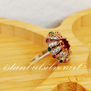 Handmade Ring Women, Turkish Handmade Silver Ladies Ring, Ottoman Ring, Emerald ruby Topaz Ring, Ladies Ring, 925k Sterling Silver Ring