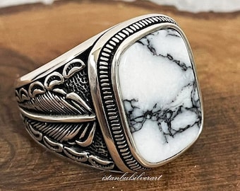 Handmade 925 Sterling Silver Mens Ring: White Agate Ottoman Design