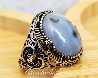 トルコ製ハンドメイド925Kスターリングシルバーメンズアゲートリング