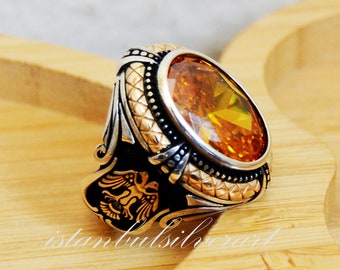 Mens Handmade Ring, Turkish Handmade, Men Silver Ring, Vintage Ottoman Mens Ring, Citrine Stone, Gift for Him, 925k Sterling Silver Ring