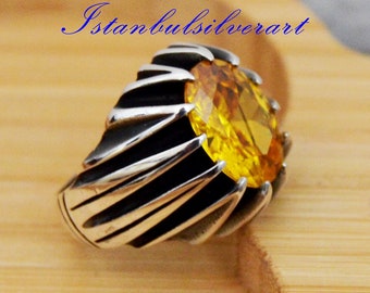 Mens Handmade Ring, Turkish Handmade, Men Silver Ring, Vintage Ottoman Mens Ring, Citrine Stone, Gift for Him, 925k Sterling Silver Ring