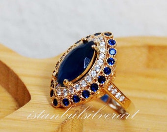 Handmade Ring Women, Turkish Handmade Silver Ladies Ring, Ottoman Ring, Sapphire Topaz Ring, Cz Stone, 925k Sterling Silver Ring