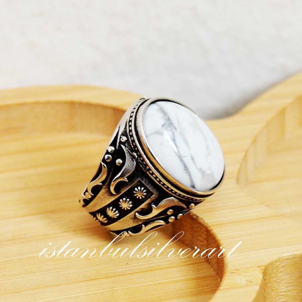 Mens Handmade Ring, Turkish Handmade Silver Men Ring, Ottoman Mens Ring, natural White Agate Stone, Gift for Him, 925k Sterling Silver Ring