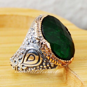Mens Handmade Ring, Turkish Handmade Silver Men Ring, Ottoman Mens Ring, Emerald Ring, Cubic zircon, Gift for Him, 925k Sterling Silver Ring