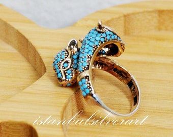 Handmade 925K Sterling Silver Cat Ring, Turquoise stone, Turkish Design Ring Women