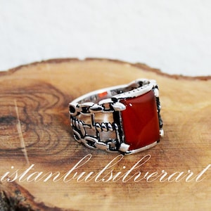 Mens Handmade Ring, Turkish Handmade Silver Men Ring, Ottoman Mens Ring, Red Agate Stone, Gift for Him, 925k Sterling Silver Ring