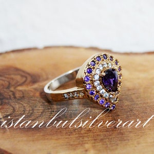 Handmade Ring Women, Turkish Handmade Silver Ladies Ring, Ottoman Ring, Amethyst Topaz Ring, Cz Stone, 925k Sterling Silver Ring