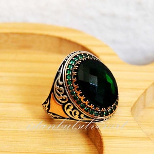 Mens Handmade Ring, Turkish Handmade Silver Men Ring, Ottoman Mens Ring, Emerald Ring, cubic zircon, Gift for Him, 925k Sterling Silver Ring