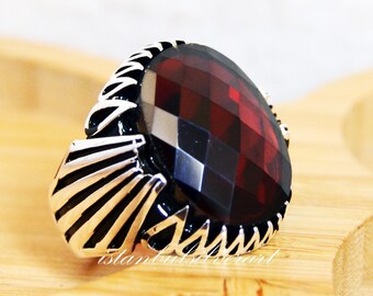 Handmade 925 Sterling Silver Men's Ring: Ruby Red Cubic Zirconia, Ottoman Style