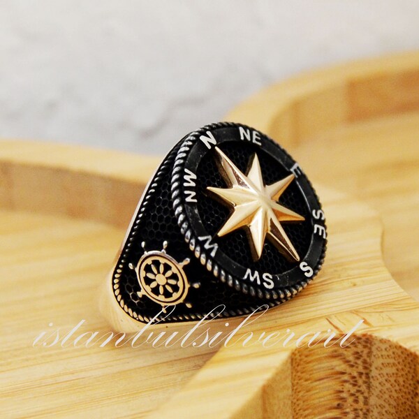 Mens Handmade Ring, Turkish Handmade, Compass Men Ring, Compass signet Ring, Ottoman Anchor Ring, Birthday Gift, 925k Sterling Silver Ring