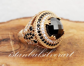 Handmade Ottoman Onyx Ring: 925 Sterling Silver, Bronze Detail
