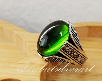 Handmade Sterling Silver Mens Ring: Ottoman Style Peridot & Zircon