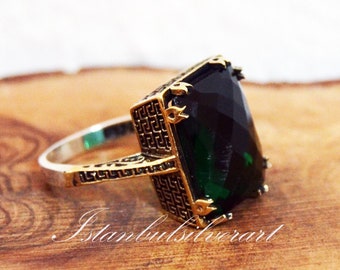 Handmade Ring Women, Turkish Handmade Silver Ladies Ring, Ottoman Ring, Emerald Ring, cubic zirconia Ladies, Ring, 925k Sterling Silver
