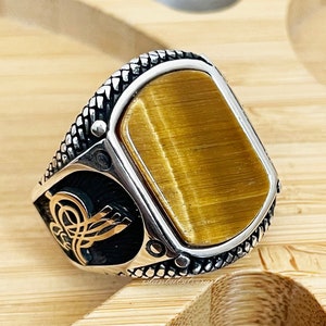 Mens Handmade Ring, Turkish Handmade Silver Men Ring, Ottoman Mens Ring, Tiger Eye Ring, Men Ring, Gift for Him, 925k Sterling Silver Ring
