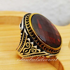 Mens Handmade Ring, Turkish Handmade Silver Men Ring, Ottoman Mens Ring, Ruby Stone, Yemen Ring, Gift for Him, 925k Sterling Silver