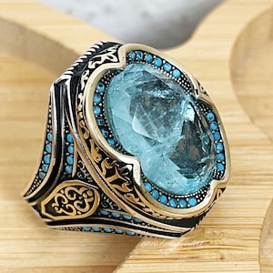 Mens Handmade Ring, Turkish Handmade Silver, Vintage Men Ring, Ottoman Men Ring, Aquamarine Ring, Gift for Him, 925k Sterling Silver Ring