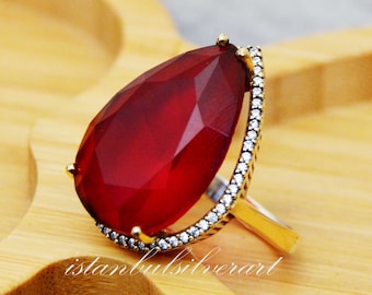 Handmade Ruby Topaz Ring: Ottoman 925k Sterling Silver Ladies Ring