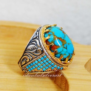 Anillo de piedra turquesa de estilo otomano hecho a mano: plata de ley 925