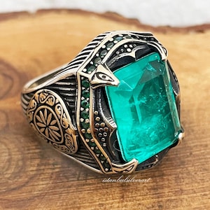 Mens Handmade Ring, Turkish Handmade Silver Men Ring, Ottoman Mens Ring, Emerald Ring, Cubic zircon, Gift for Him, 925k Sterling Silver Ring