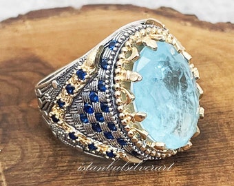 Handmade Aquamarine Ring: Turkish 925 Sterling Silver Ottoman Style