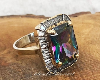 Handmade Ring Women, Turkish Handmade Silver Ladies Ring, Ottoman Ring, Mystic Topaz Ring, cubic zirconia Ladies, Ring, 925k Sterling Silver