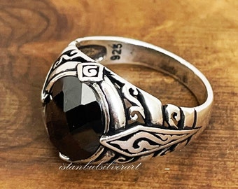 Mens Handmade Ring, Turkish Handmade Silver Men Ring, Ottoman Mens Ring, Onyx Men Ring, Gift for Him, 925k Sterling Silver Ring