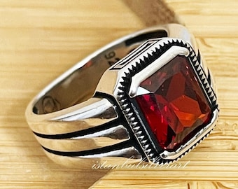 Handmade 925 Sterling Silver Mens Ring: Ruby CZ Ottoman Design