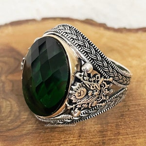 Mens Handmade Ring, Turkish Handmade Silver Men Ring, Ottoman Mens Ring, Emerald Ring, Cubic zircon, Gift for Him, 925k Sterling Silver Ring