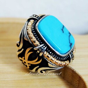 Anillo de piedra turquesa hecho a mano: Anillo otomano de plata de ley 925 para hombre