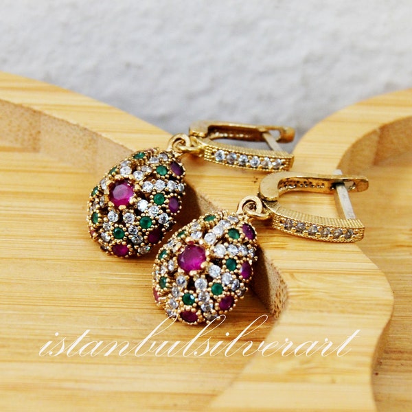 Handmade Earring Women, Turkish Handmade Silver Ladies Earring, Ottoman Earring, Ruby emerald Topaz Stone Earring, 925k Sterling Silver