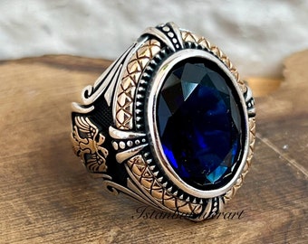 Mens Handmade Ring, Turkish Handmade Eagle Ring, Ottoman Men Ring, Sapphire Ring, cubic zircon, Gift for Him, 925k Sterling Silver Ring