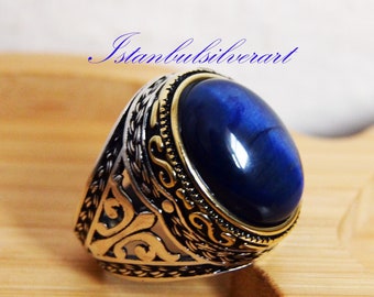 Mens Handmade Ring Sapphire cubic zircon Turkish Handmade Silver Men Ring Gift for Him Ottoman Mens Ring 925 Sterling Spider Agate