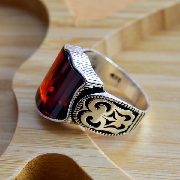 Mens Handmade Ring, Turkish Handmade Silver Men Ring, Ottoman Mens Ring, Ruby Ring, Cz Stone, Men Ring, Gift for Him, 925k Sterling Silver