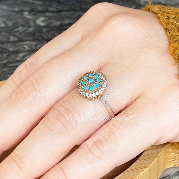 Handmade Ring Women, Turkish Handmade Silver Ladies Ring, Ottoman Ring, Turquoise Topaz Ring, Cz Stone, 925k Sterling Silver Ring