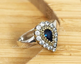 Handmade Ring Women, Turkish Handmade Silver Ladies Ring, Ottoman Ring, Sapphire Topaz Ring, Ladies Ring, 925k Sterling Silver Ring