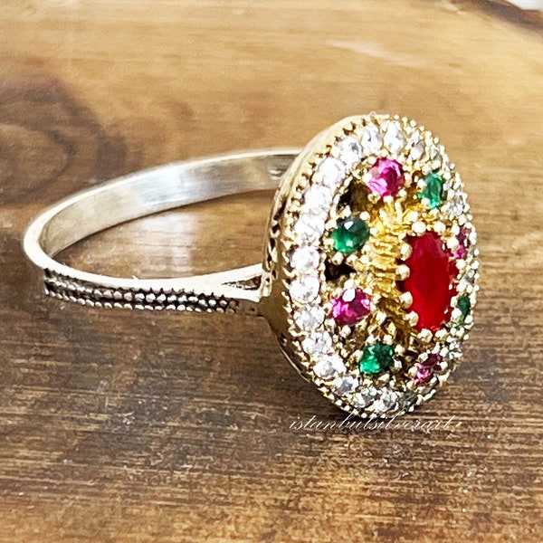 Handmade Ring Women, Turkish Handmade Silver Ladies Ring, Ottoman Ring, Ruby Topaz ruby Ring, Ladies Ring, 925k Sterling Silver Ring