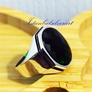 Mens Handmade Ring, Turkish Handmade Silver Men Ring, Ottoman Mens Ring, Emerald Ring, Cubic zircon, Gift for Him, 925k Sterling Silver Ring