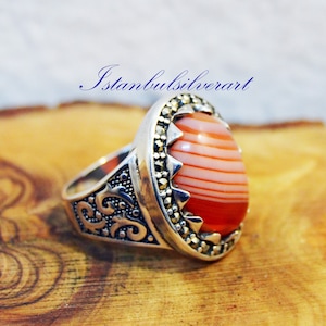 Mens Handmade Ring, Turkish Handmade Silver Men Ring, Ottoman Men Ring, Agate Stone, Gift for Him, 925 Sterling Silver Ring