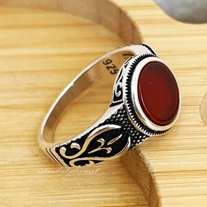 Handmade 925 Sterling Silver Mens Ring: Red Agate Ottoman Design