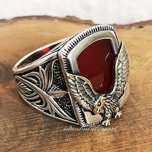 Mens Handmade Ring, Turkish Handmade Silver Men Ring, Ruby Ring, Red Agate Ring, Eagle Ring, Gift for Him, 925k Sterling Silver Ring