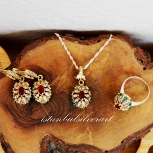 Handmade Ring Women, Turkish Handmade, 925K Ladies Jewelry Set, Ottoman Ring Necklace, Emerald Topaz, Ladies Ring, 925k Sterling Silver Ring