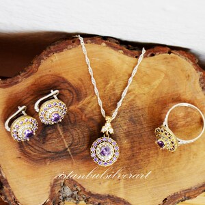 Handmade Ring Women, Turkish Handmade, 925K Ladies Jewelry Set, Ottoman Ring Necklace, Amethyst Topaz, Ladies Ring, 925k Sterling Silver