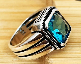 Mens Handmade Ring, Turkish Handmade Silver Men Ring, Ottoman Mens Ring, Aquamarine Ring, Men Ring, Gift for Him, 925k Sterling Silver Ring