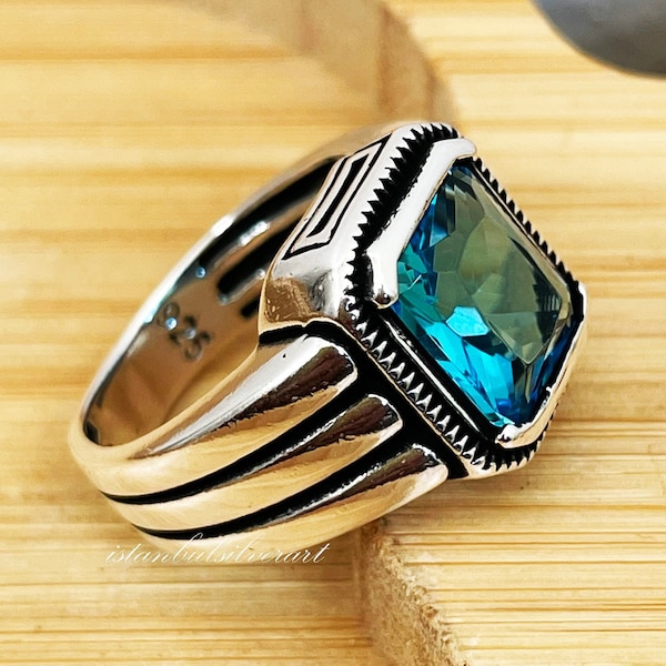 Mens Handmade Ring, Turkish Handmade Silver Men Ring, Ottoman Mens Ring, Aquamarine Ring, Men Ring, Gift for Him, 925k Sterling Silver Ring