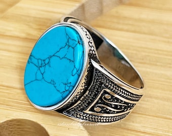 Handmade Turquoise Sterling Silver Ring - Ottoman Style Mens Ring