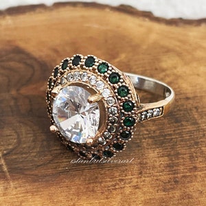 Handmade Ring Women, Turkish Handmade Silver Ladies Ring, Ottoman Ring, Topaz Ring, Emerald Ladies Ring, 925k Sterling Silver Ring